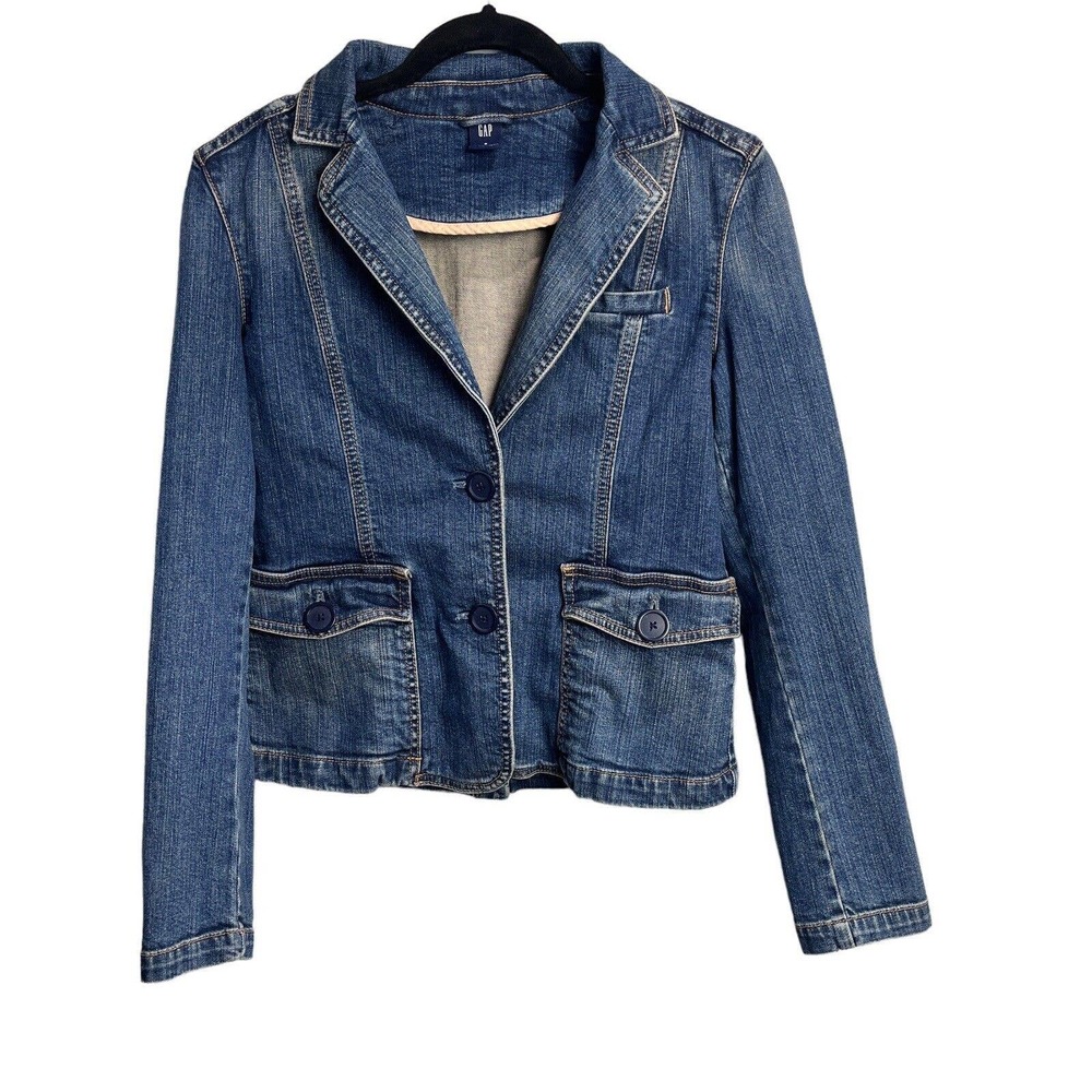 GAP Women's Blue Denim Jean Jacket Buttoned Blazer Stretch Pockets Collar Size 8